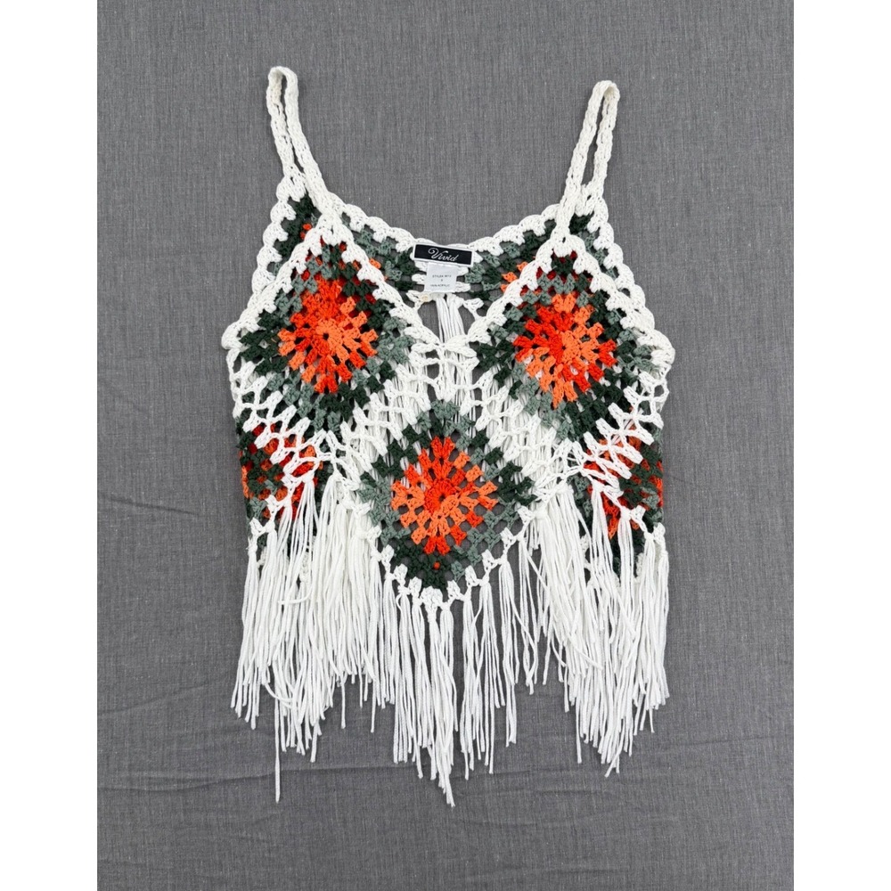 Vivid Womens Small‎ Crochet Granny Square Fringe Crop Top Orange Green Boho